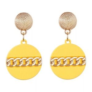 Yellow geometric disk circular earrings w chain